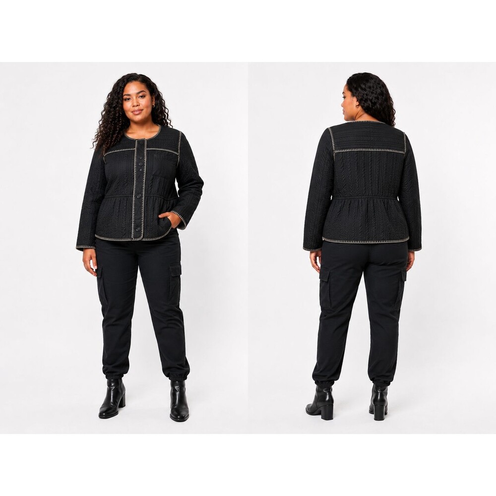 Anthropologie Women's Contrast Stitched Quilted Black Collarless Jacket 3X NWT
